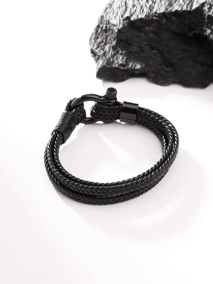 Yellow Chimes Yellow Chimes Bracelets for Men and Boys Black Leather Bracelet for Men Stainless Steel Genuine Leather Wrap Bracelets for Men Birthday Gift for Men and Boys Anniversary Gift for Husband Rings