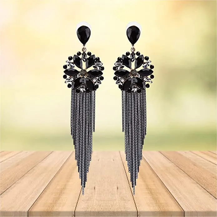 Yellow Chimes Yellow Chimes Danglers Earrings for Women Black Crystal Earrings Long Chains Tassel Danglers Earrings for Women and Girls Necklaces