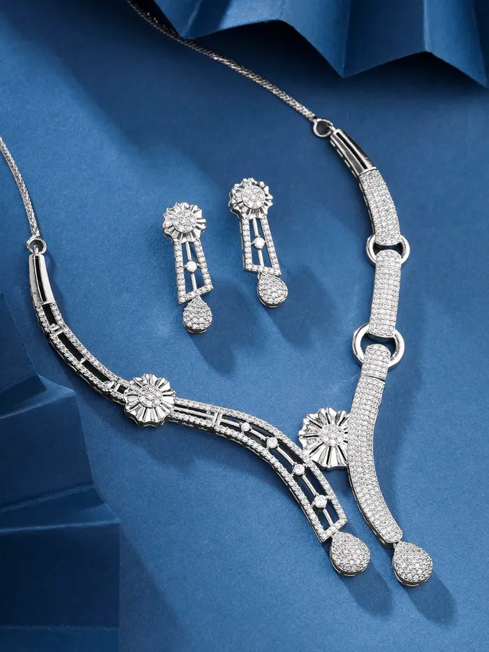 Yellow Chimes Yellow Chimes Diamond Necklace Set for Women White Stone Silver Necklace Set AD Jewellery Set for Women Silver Diamond Necklace Set Birthday Gift for Girls Women Anniversary Gift for Wife Earrings