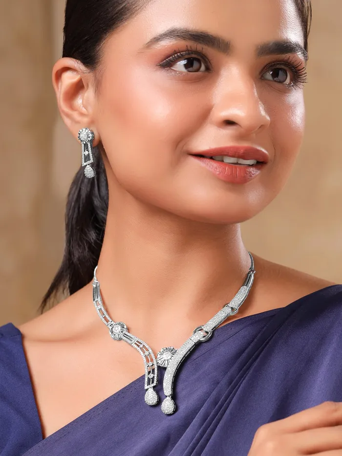 Yellow Chimes Yellow Chimes Diamond Necklace Set for Women White Stone Silver Necklace Set AD Jewellery Set for Women Silver Diamond Necklace Set Birthday Gift for Girls Women Anniversary Gift for Wife Earrings