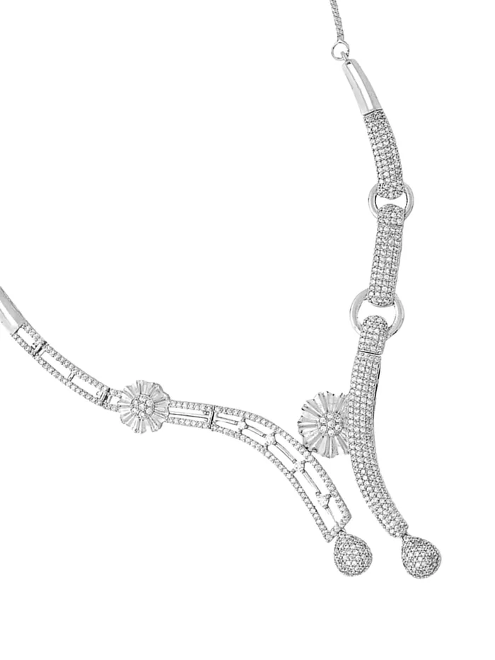 Yellow Chimes Yellow Chimes Diamond Necklace Set for Women White Stone Silver Necklace Set AD Jewellery Set for Women Silver Diamond Necklace Set Birthday Gift for Girls Women Anniversary Gift for Wife Earrings