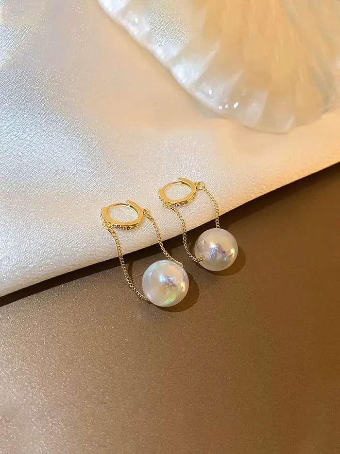 Yellow Chimes Yellow Chimes Earrings For Women Gold Tone Small Hoop With Hanging Chain White Pearl Drop Earrings For Women and Girls Earrings