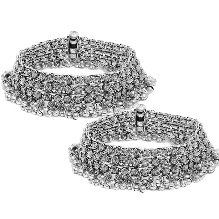 Yellow Chimes Yellow Chimes Genuine German Silver Oxidized Antique Design 2 Pc Heavy Looks Wedding Payal Ethnic Anklets for Women and Girls Earrings