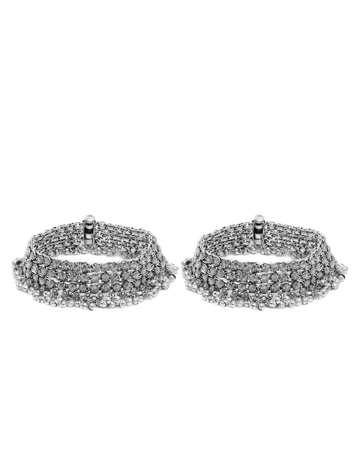 Yellow Chimes Yellow Chimes Genuine German Silver Oxidized Antique Design 2 Pc Heavy Looks Wedding Payal Ethnic Anklets for Women and Girls Earrings