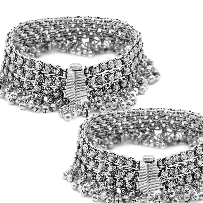 Yellow Chimes Yellow Chimes Genuine German Silver Oxidized Antique Design 2 Pc Heavy Looks Wedding Payal Ethnic Anklets for Women and Girls Earrings