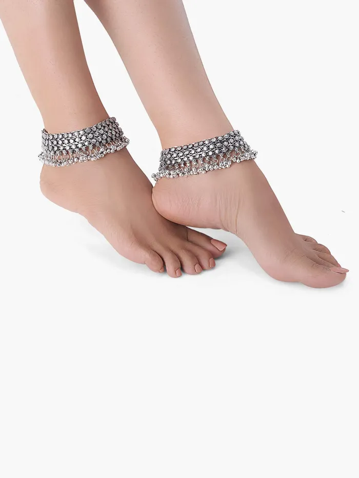 Yellow Chimes Yellow Chimes Genuine German Silver Oxidized Antique Design 2 Pc Heavy Looks Wedding Payal Ethnic Anklets for Women and Girls Earrings