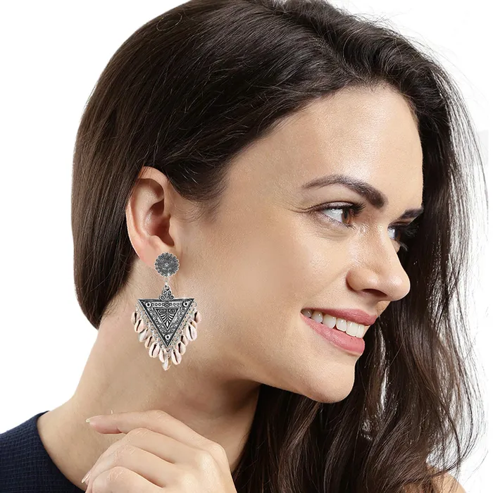 Yellow Chimes Yellow Chimes Hanging Shell Triangle Shaped Oxidized Silver Traditional ChandBali Dangle Earrings for Women and Girls Necklaces