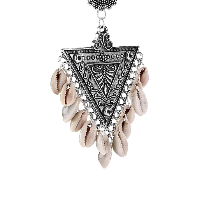 Yellow Chimes Yellow Chimes Hanging Shell Triangle Shaped Oxidized Silver Traditional ChandBali Dangle Earrings for Women and Girls Necklaces