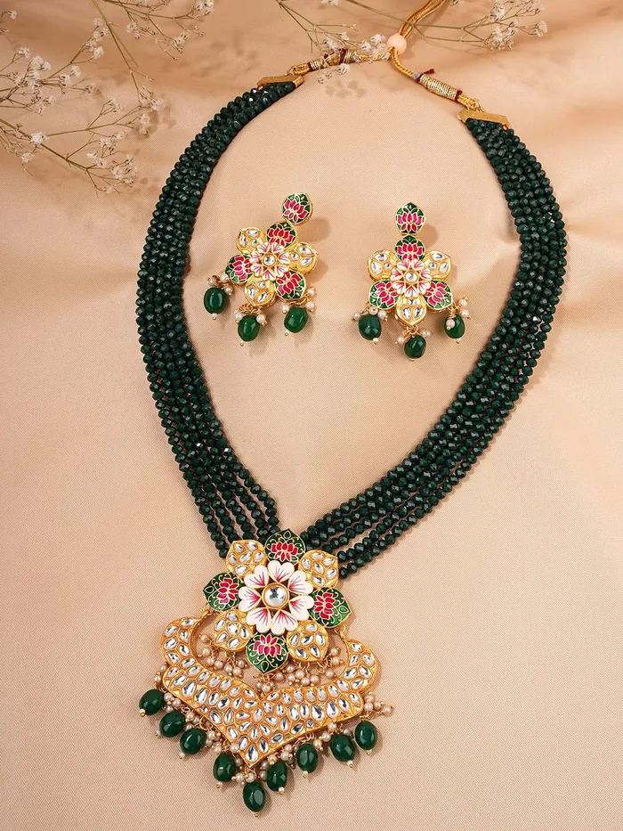 Yellow Chimes Yellow Chimes Jewellery Set for Women Kundan Studded Gold Toned Meenakari Touch Charm Necklace Set with Earrings for Women and Girls Necklaces