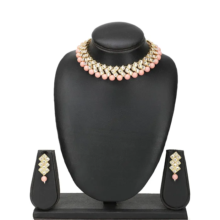 Yellow Chimes Yellow Chimes Kundan Jewellery Set for Women Gold Plated Kundan Jewellery Set Traditional Peach Choker Necklace Set for Women and Girls Earrings