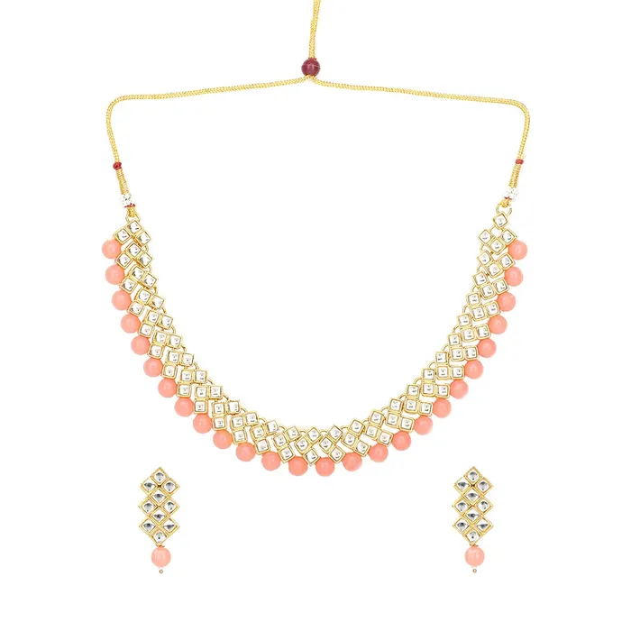 Yellow Chimes Yellow Chimes Kundan Jewellery Set for Women Gold Plated Kundan Jewellery Set Traditional Peach Choker Necklace Set for Women and Girls Earrings