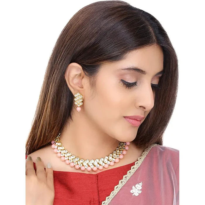 Yellow Chimes Yellow Chimes Kundan Jewellery Set for Women Gold Plated Kundan Jewellery Set Traditional Peach Choker Necklace Set for Women and Girls Earrings
