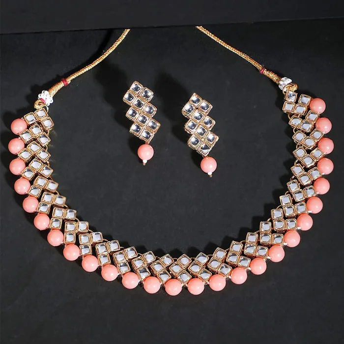 Yellow Chimes Yellow Chimes Kundan Jewellery Set for Women Gold Plated Kundan Jewellery Set Traditional Peach Choker Necklace Set for Women and Girls Earrings