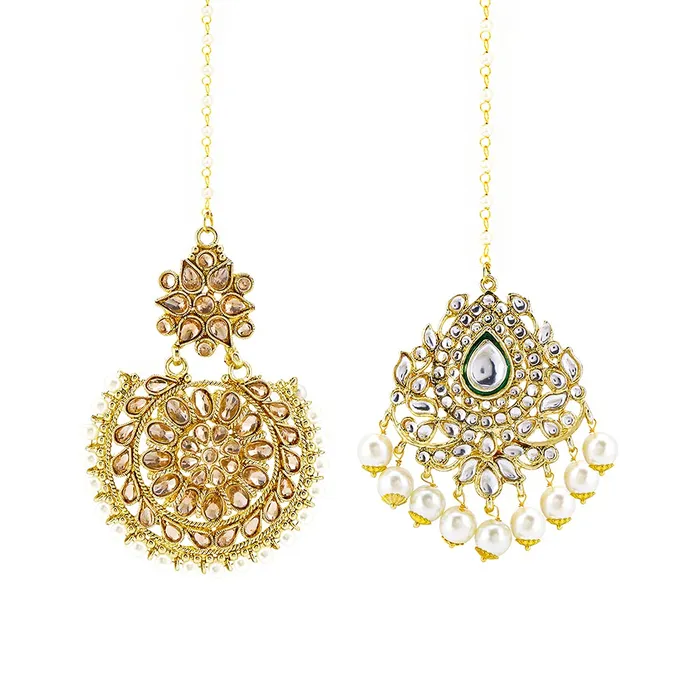 Yellow Chimes Yellow Chimes Maang Tikka for Women 2 Pcs Mangtika Traditional Gold Plated Kundan Mangtika Beads Ethnic Maang Tikka for Women and Girls Rings