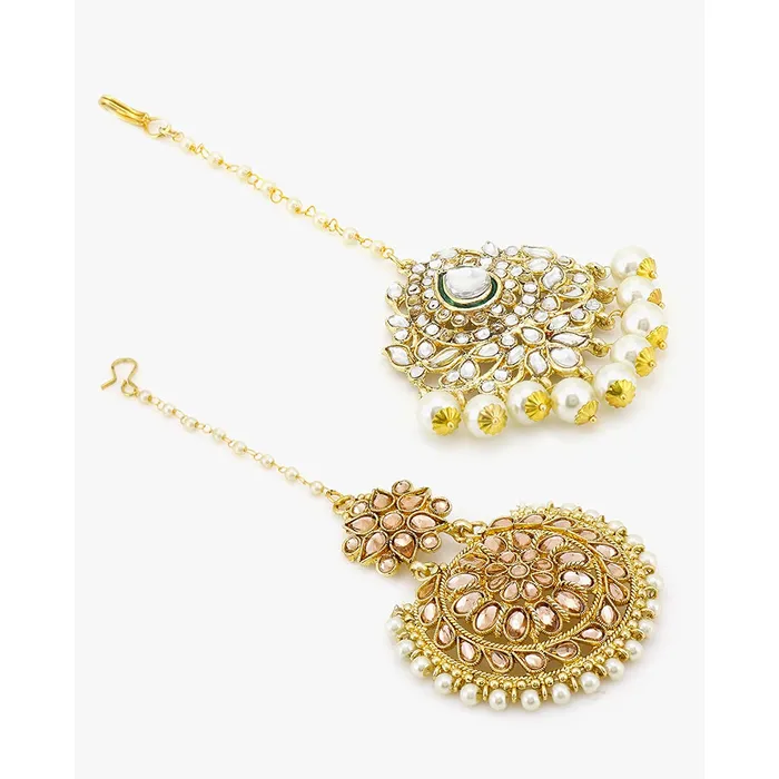 Yellow Chimes Yellow Chimes Maang Tikka for Women 2 Pcs Mangtika Traditional Gold Plated Kundan Mangtika Beads Ethnic Maang Tikka for Women and Girls Rings