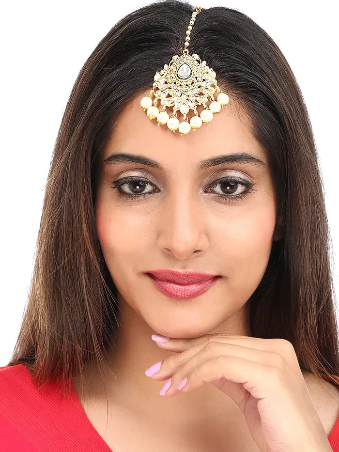 Yellow Chimes Yellow Chimes Maang Tikka for Women 2 Pcs Mangtika Traditional Gold Plated Kundan Mangtika Beads Ethnic Maang Tikka for Women and Girls Rings