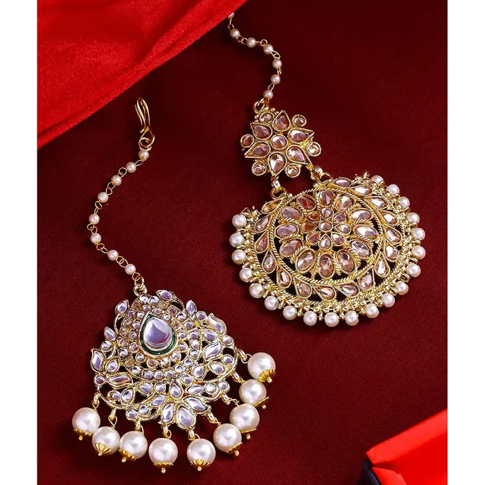 Yellow Chimes Yellow Chimes Maang Tikka for Women 2 Pcs Mangtika Traditional Gold Plated Kundan Mangtika Beads Ethnic Maang Tikka for Women and Girls Rings