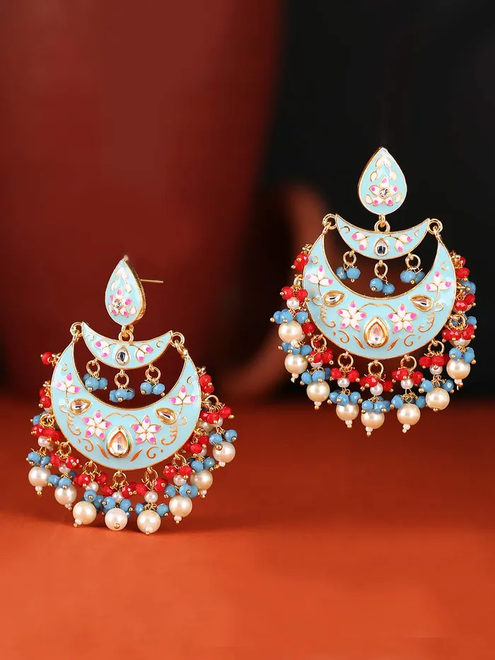 Yellow Chimes Yellow Chimes Meenakari Chandbali Earrings Gold toned Traditional Blue Chand Bali Earrings for Women and Girls Rings