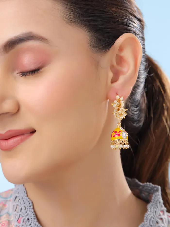 Yellow Chimes Yellow Chimes Meenakari Jhumka Earrings for Women Traditional Mothi Hoop Jhumki Earrings Set for Girls Combo of 4 Pairs Jhumkas Ethnic Gold Plated Women Earrings Birthday Gift For Girls Earrings