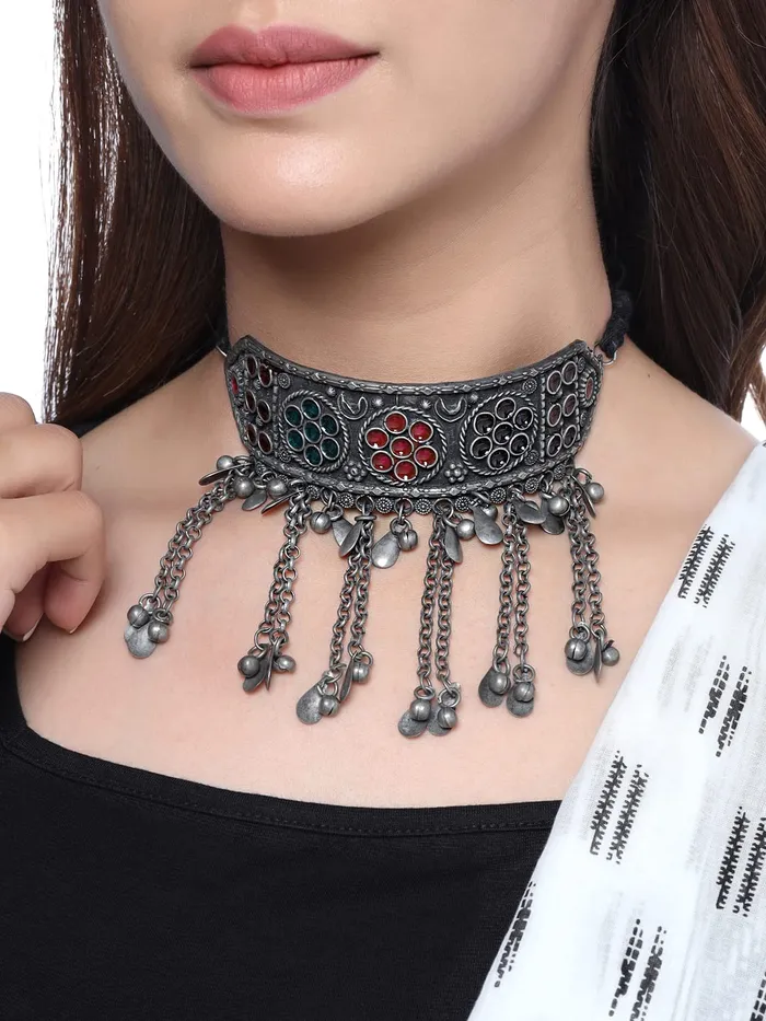 Yellow Chimes Yellow Chimes Necklace Silver Oxidised Beads Long Adjustable Vintage Traditional Necklace For Women and Girls NK 6 Necklaces
