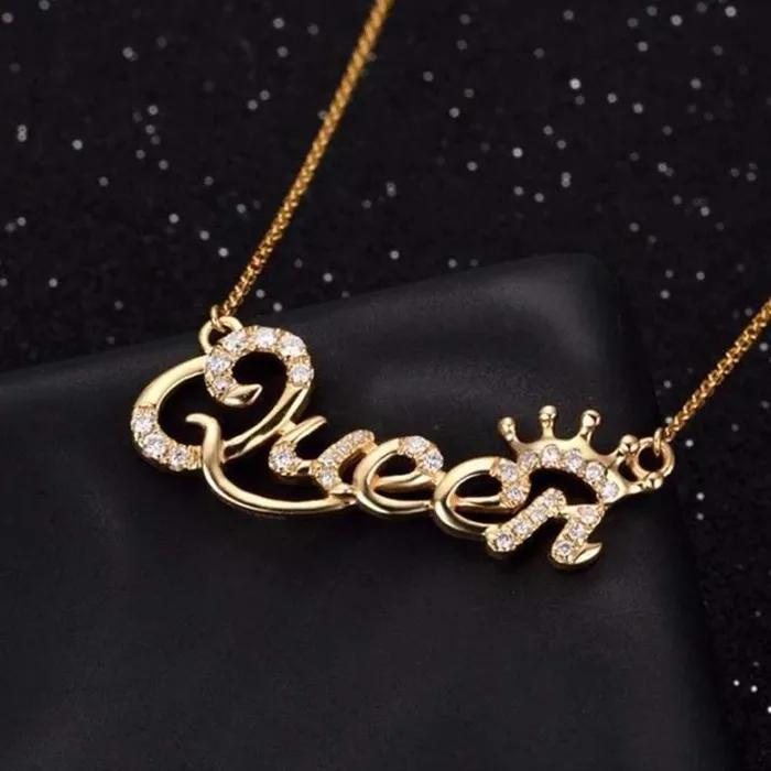 Yellow Chimes Yellow Chimes Pendant for Women Alphabetical Queen Crown Clavicle Rhinestone Short Chain Gold Plated Chain Necklace for Women and Girls Earrings