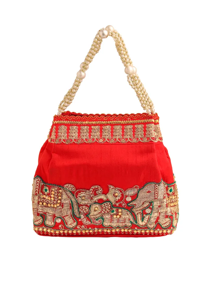 Yellow Chimes Yellow Chimes Potli Bags Ethnic Pearl Beaded Handbags 195x7x17 cm Traditional Red For Weddings Necklaces