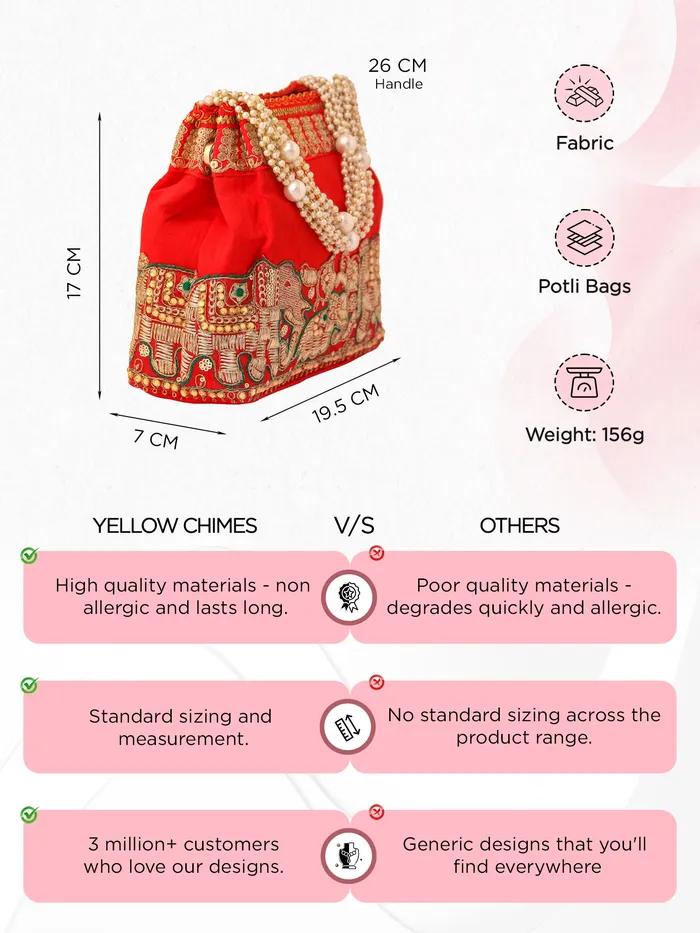 Yellow Chimes Yellow Chimes Potli Bags Ethnic Pearl Beaded Handbags 195x7x17 cm Traditional Red For Weddings Necklaces