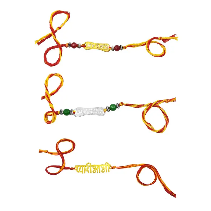 Yellow Chimes Yellow Chimes Rakhi for Brother Combo of 4 Rakhi Set for Brother Traditional Gold and Silver Plated Rakhi Set for Brother and Sister Rakhi with Roli Chawal and Greeting Card Necklaces