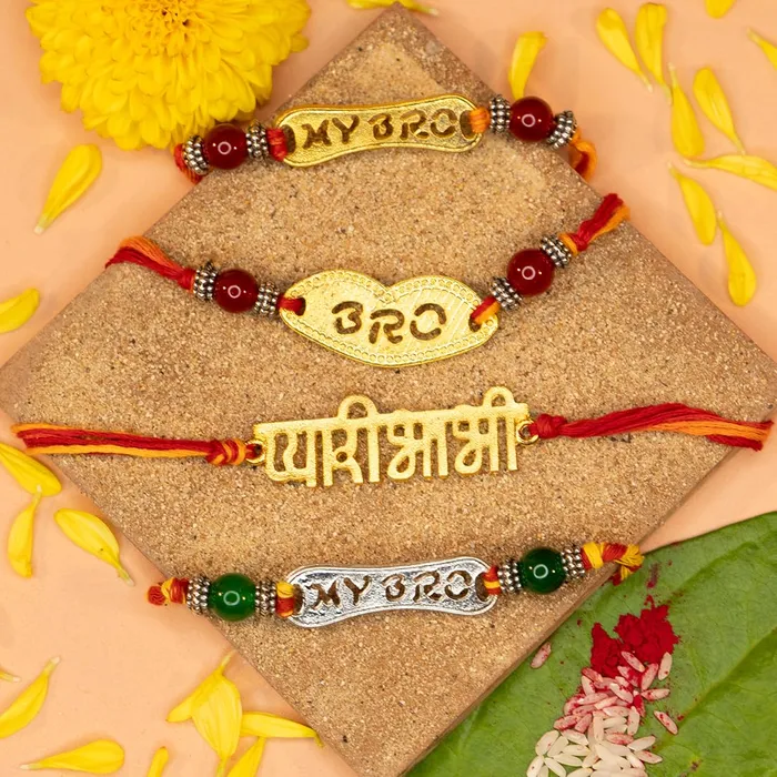 Yellow Chimes Yellow Chimes Rakhi for Brother Combo of 4 Rakhi Set for Brother Traditional Gold and Silver Plated Rakhi Set for Brother and Sister Rakhi with Roli Chawal and Greeting Card Necklaces