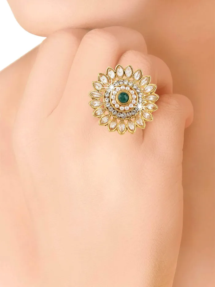 Yellow Chimes Yellow Chimes Rings for Women and Girls Traditional Gold Cocktail Ring Adjustable Kundan Stone Rings Gold Plated Ring Floral Shaped Finger Ring for WomenBirthday and Anniversary Gift Earrings