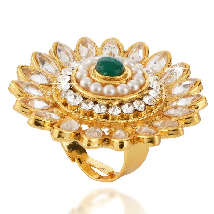 Yellow Chimes Yellow Chimes Rings for Women and Girls Traditional Gold Cocktail Ring Adjustable Kundan Stone Rings Gold Plated Ring Floral Shaped Finger Ring for WomenBirthday and Anniversary Gift Earrings