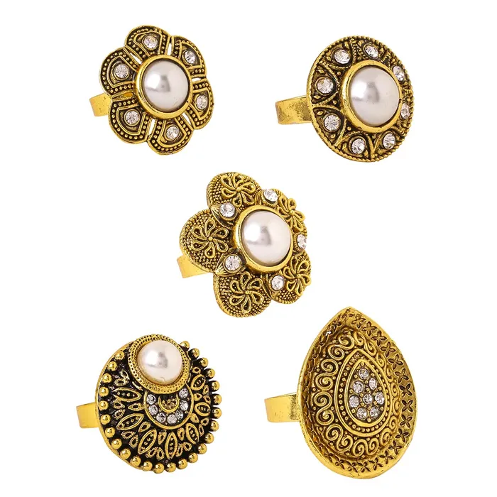 Yellow Chimes Yellow Chimes Rings for Women and Girls Traditional Oxidised Gold StudsOxidised Gold Combo of 5 Pcs RingsBirthday Gift For girls and women Anniversary Gift for Wife Necklaces