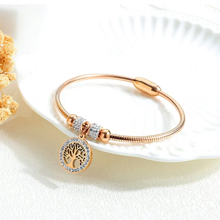 Yellow Chimes Yellow Chimes Rosegold Bracelet for Women Elegant Stainless Steel Rose Gold Plated Crystal Tree of Life Charm Kada Bracelet for Women and Girls Earrings