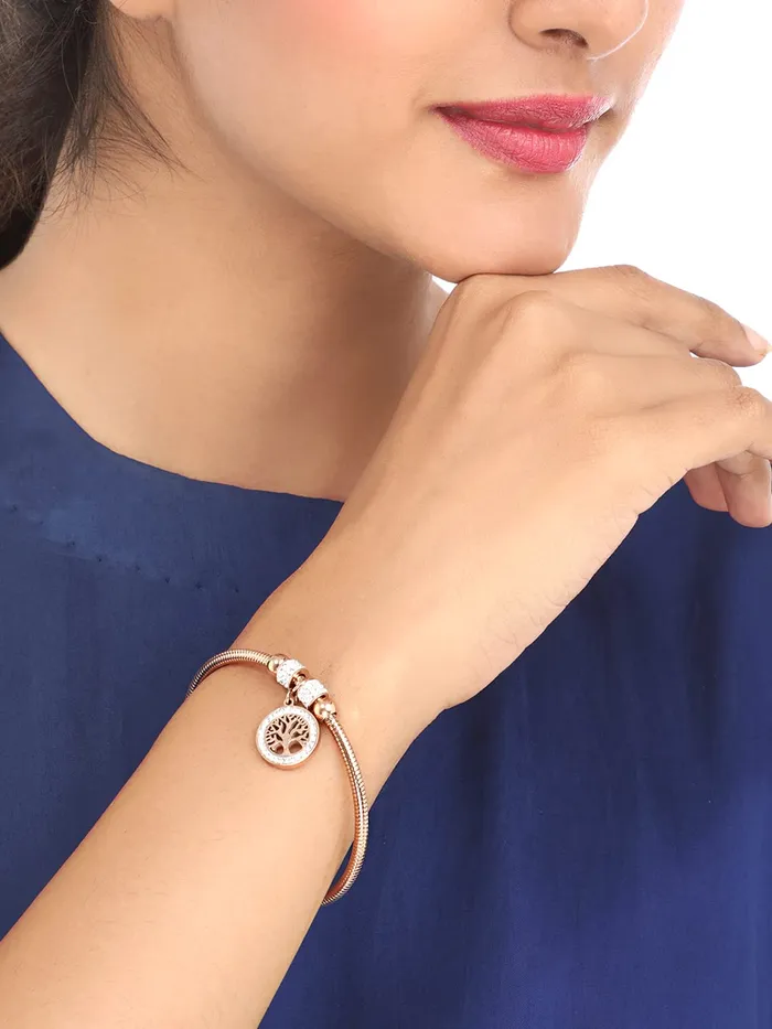 Yellow Chimes Yellow Chimes Rosegold Bracelet for Women Elegant Stainless Steel Rose Gold Plated Crystal Tree of Life Charm Kada Bracelet for Women and Girls Earrings