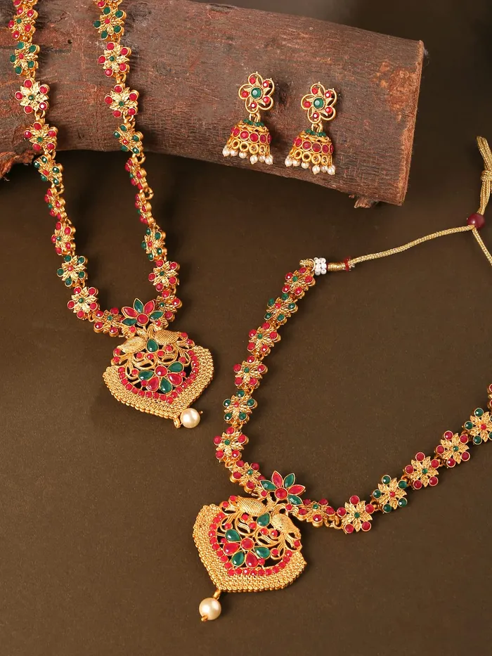 Yellow Chimes Yellow Chimes traditional Jewellery Set for Women GoldPlated Temple Necklace Set StoneStudded Necklace Set For Women Girls NK 7 Rings